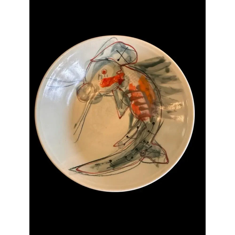 Koi Fish Studio Art Pottery Bowl Signed 7